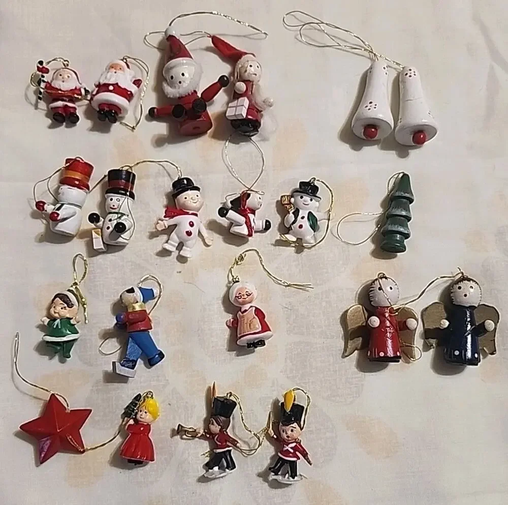 21 Vintage Miniature Christmas Tree Ornaments Snowman Santa Angel Star Trees